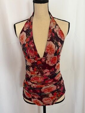 Floral Halter One-Piece Swimsuit in Burgundy Pink